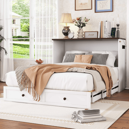 Cama retrátil de madeira 140x200 cm - com tomadas USB e arrumação - Branco Cama retrátil de madeira 140x200 cm - com tomadas USB e arrumação - Branco