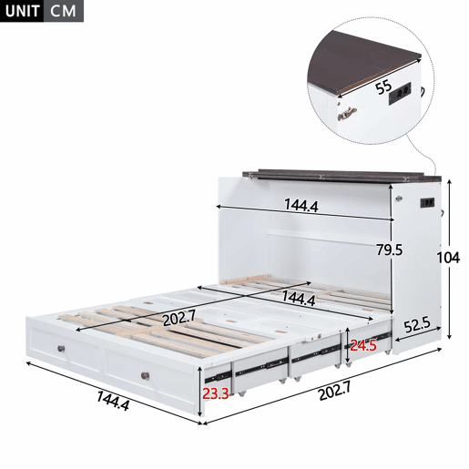 Cama retrátil de madeira 140x200 cm - com tomadas USB e arrumação - Branco Cama retrátil de madeira 140x200 cm - com tomadas USB e arrumação - Branco