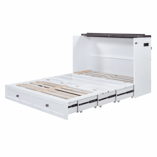 Cama retrátil de madeira 140x200 cm - com tomadas USB e arrumação - Branco Cama retrátil de madeira 140x200 cm - com tomadas USB e arrumação - Branco
