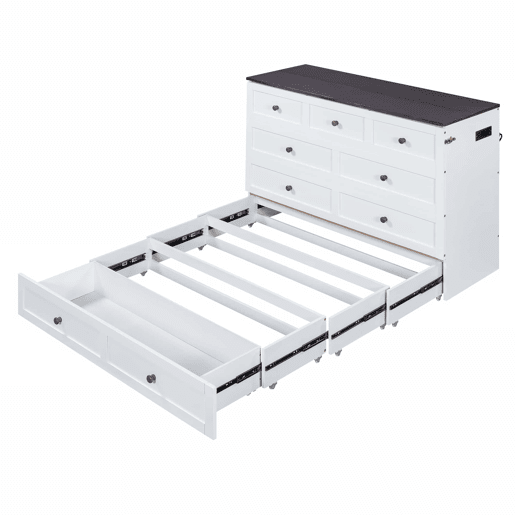 Cama retrátil de madeira 140x200 cm - com tomadas USB e arrumação - Branco Cama retrátil de madeira 140x200 cm - com tomadas USB e arrumação - Branco