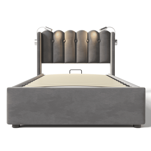 Cama estofada 90x200 - Leselicht com carregamento, cabeceira, arrumação, estrutura de cama em veludo - Cinza
