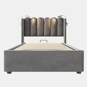 Cama estofada 90x200 - Leselicht com carregamento, cabeceira, arrumação, estrutura de cama em veludo - Cinza