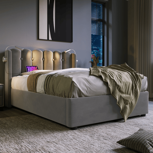 Cama estofada 90x200 - Leselicht com carregamento, cabeceira, arrumação, estrutura de cama em veludo - Cinza