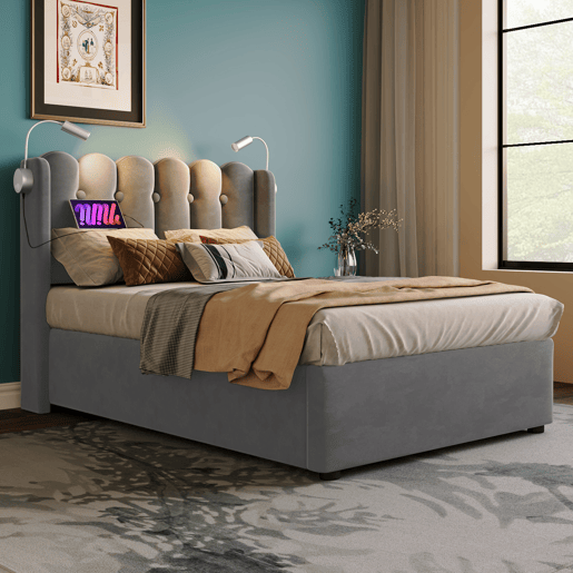 Cama estofada 90x200 - Leselicht com carregamento, cabeceira, arrumação, estrutura de cama em veludo - Cinza