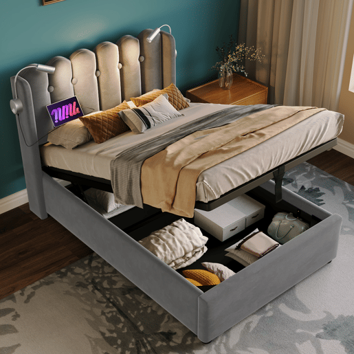 Cama estofada 90x200 - Leselicht com carregamento, cabeceira, arrumação, estrutura de cama em veludo - Cinza