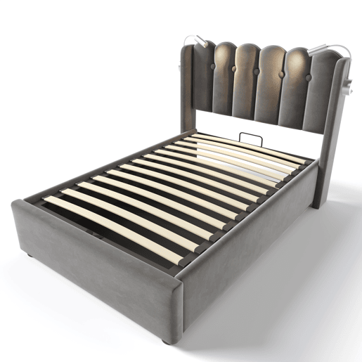 Cama estofada 90x200 - Leselicht com carregamento, cabeceira, arrumação, estrutura de cama em veludo - Cinza