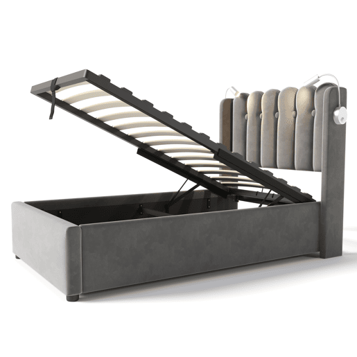 Cama estofada 90x200 - Leselicht com carregamento, cabeceira, arrumação, estrutura de cama em veludo - Cinza
