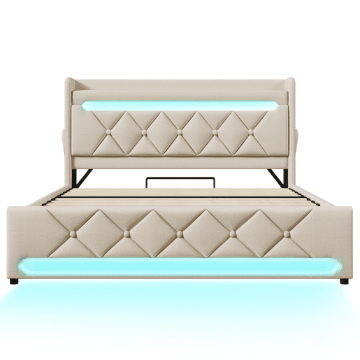 Cama de casal 140x200 - Cabeceira com arrumação, portas USB e tipo C, função LED 360, bege, linho