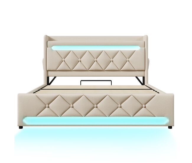 Cama doble 140x200 - cabecero con almacenamiento, puertos usb y tipo c, función led 360, beige, lino