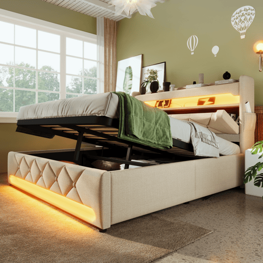 Cama de casal 140x200 - Cabeceira com arrumação, portas USB e tipo C, função LED 360, bege, linho
