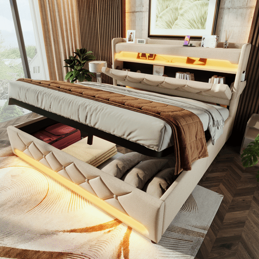Cama de casal 140x200 - Cabeceira com arrumação, portas USB e tipo C, função LED 360, bege, linho
