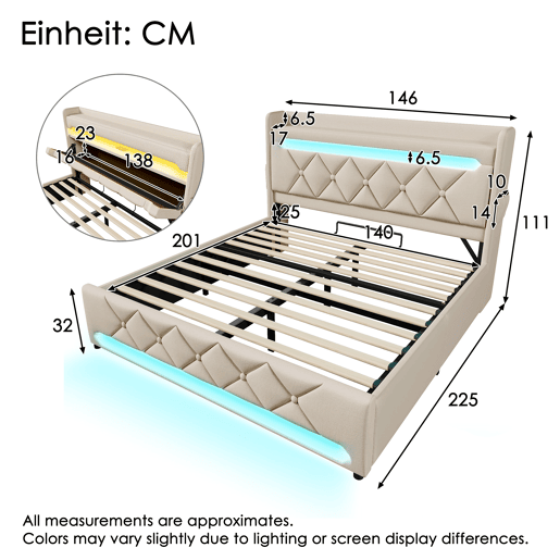 Cama de casal 140x200 - Cabeceira com arrumação, portas USB e tipo C, função LED 360, bege, linho