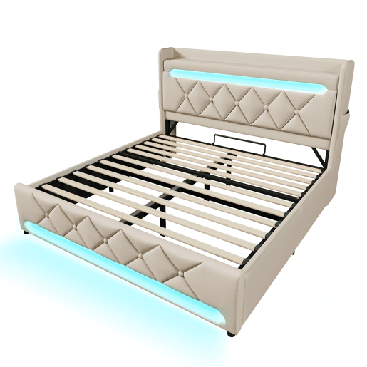 Cama de casal 140x200 - Cabeceira com arrumação, portas USB e tipo C, função LED 360, bege, linho