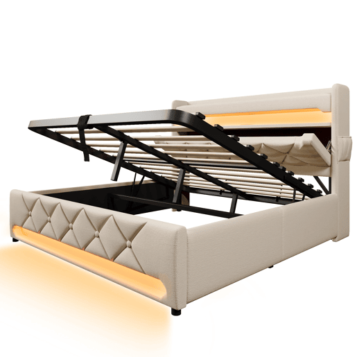 Cama de casal 140x200 - Cabeceira com arrumação, portas USB e tipo C, função LED 360, bege, linho