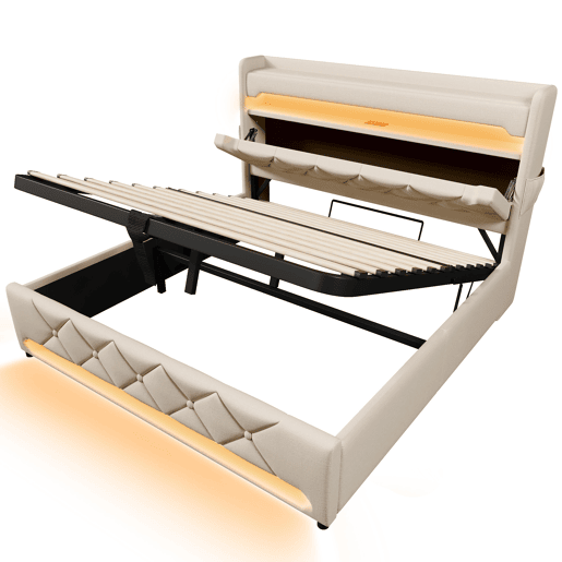 Cama de casal 140x200 - Cabeceira com arrumação, portas USB e tipo C, função LED 360, bege, linho