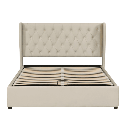 Cama de contentor estofada em veludo 140x190 cm com estrado de ripas - Bege Cama de contentor estofada em veludo 140x190 cm com estrado de ripas - Bege