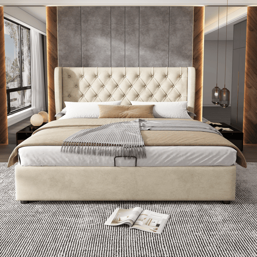 Cama de contentor estofada em veludo 140x190 cm com estrado de ripas - Bege Cama de contentor estofada em veludo 140x190 cm com estrado de ripas - Bege