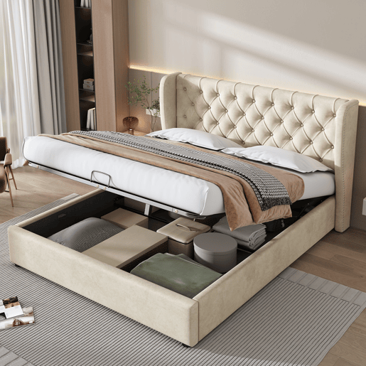 Cama de contentor estofada em veludo 140x190 cm com estrado de ripas - Bege Cama de contentor estofada em veludo 140x190 cm com estrado de ripas - Bege