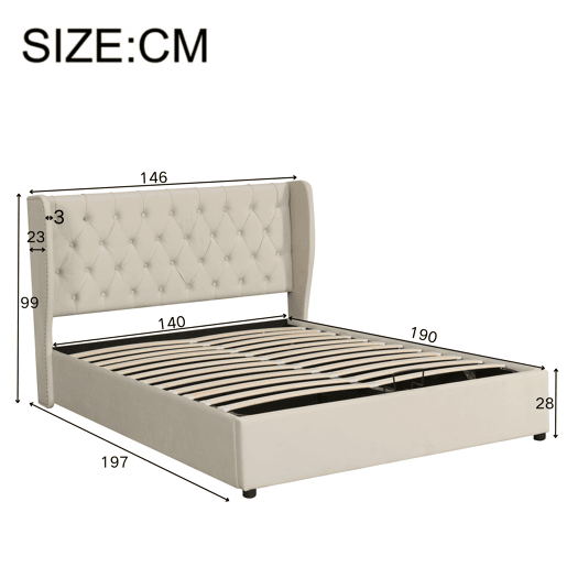 Cama de contentor estofada em veludo 140x190 cm com estrado de ripas - Bege Cama de contentor estofada em veludo 140x190 cm com estrado de ripas - Bege