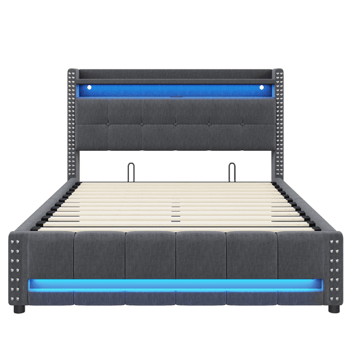 Cama estofada 140*200 - Com iluminação LED, tomada USB, cabeceira com prateleiras e arrumação, com sistema hidráulico para arrumação - Cinza