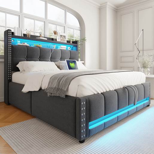 Cama estofada 140*200 - Com iluminação LED, tomada USB, cabeceira com prateleiras e arrumação, com sistema hidráulico para arrumação - Cinza