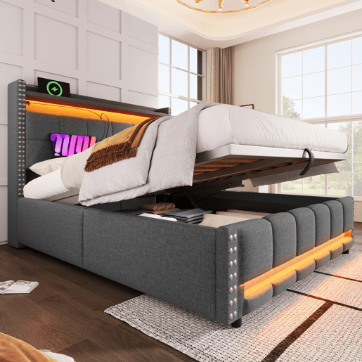 Cama estofada 140*200 - Com iluminação LED, tomada USB, cabeceira com prateleiras e arrumação, com sistema hidráulico para arrumação - Cinza