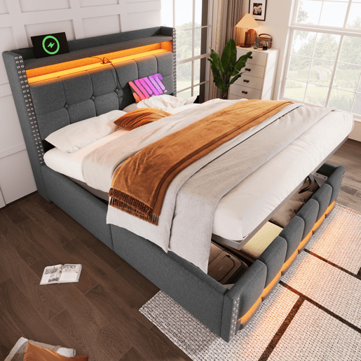 Cama estofada 140*200 - Com iluminação LED, tomada USB, cabeceira com prateleiras e arrumação, com sistema hidráulico para arrumação - Cinza
