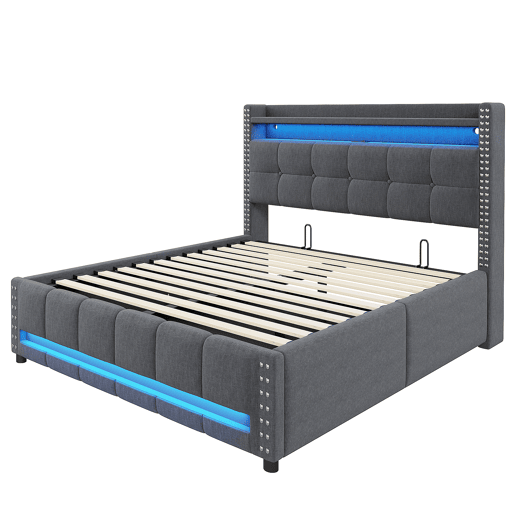 Cama estofada 140*200 - Com iluminação LED, tomada USB, cabeceira com prateleiras e arrumação, com sistema hidráulico para arrumação - Cinza