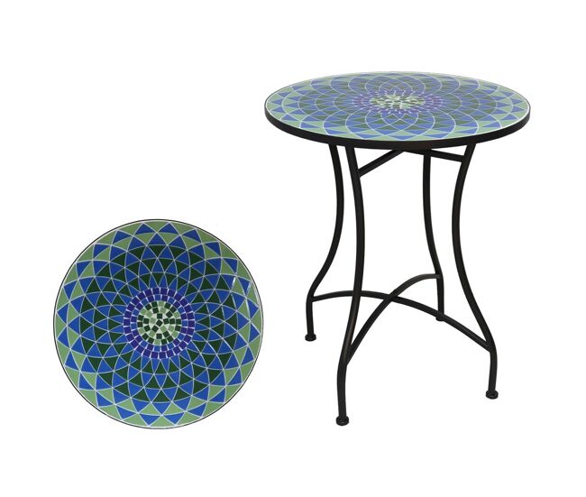 Well home mesa de jardín redonda mosaico cerámico basil ø60x71cm con tablero decorativo y estructura metálica negra