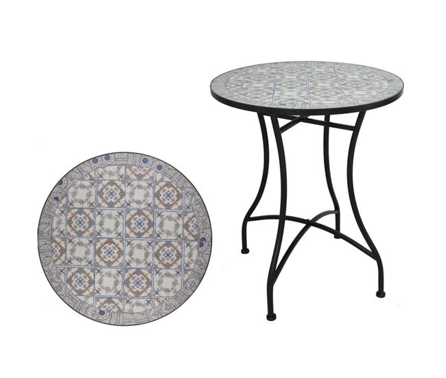 Well home mesa de jardín redonda mosaico cerámico berliner ø60x71cm con tablero decorativo y estructura metálica negra