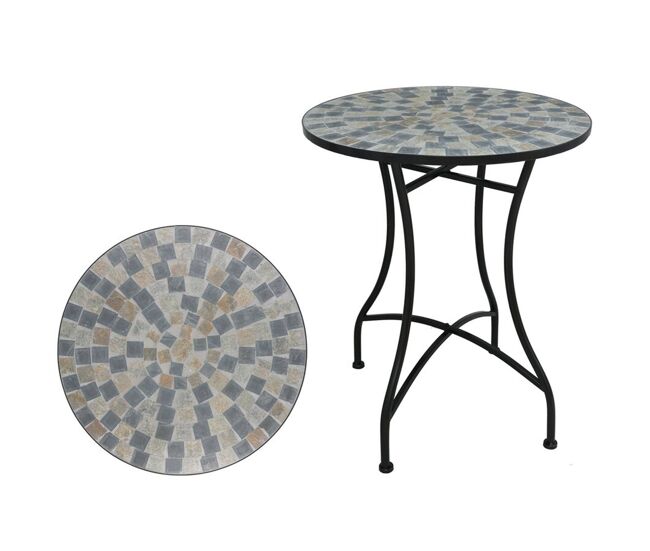 Well home mesa de jardín redonda mosaico cerámico petersbourg ø60x71cm con tablero decorativo y estructura metálica negra