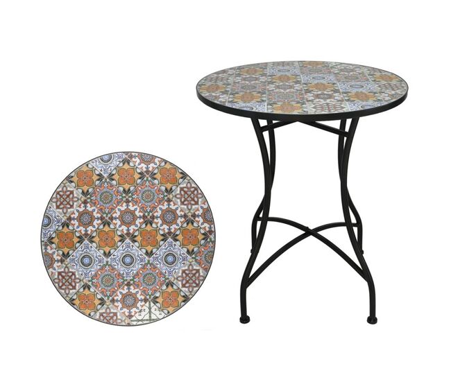 Well home mesa de jardín redonda mosaico cerámico notre dame ø60x71cm con tablero decorativo y estructura metálica negra