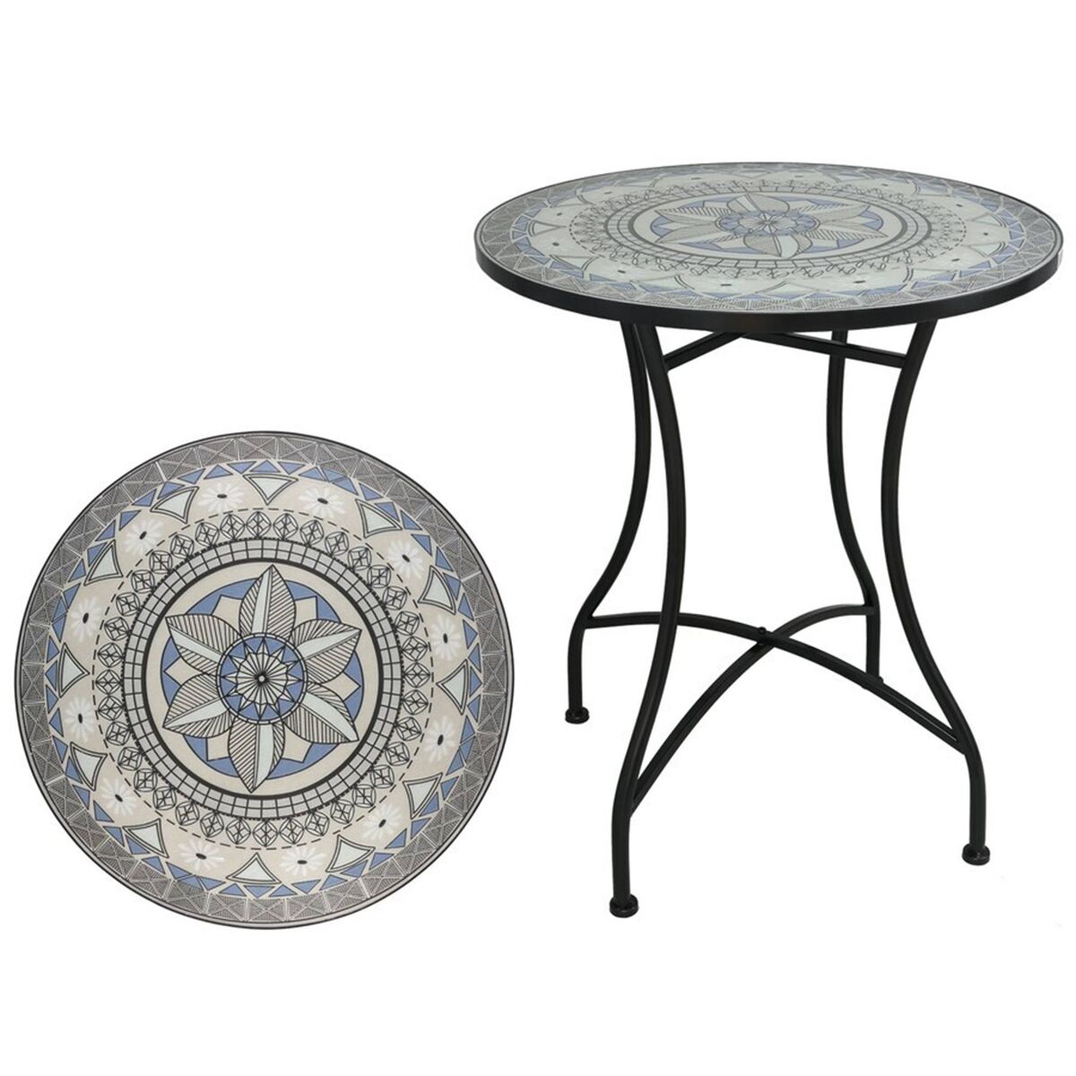 Well home mesa de jardín redonda mosaico cerámico santiago ø60x71cm con tablero decorativo y estructura metálica negra