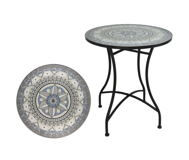 Well home mesa de jardín redonda mosaico cerámico santiago ø60x71cm con tablero decorativo y estructura metálica negra