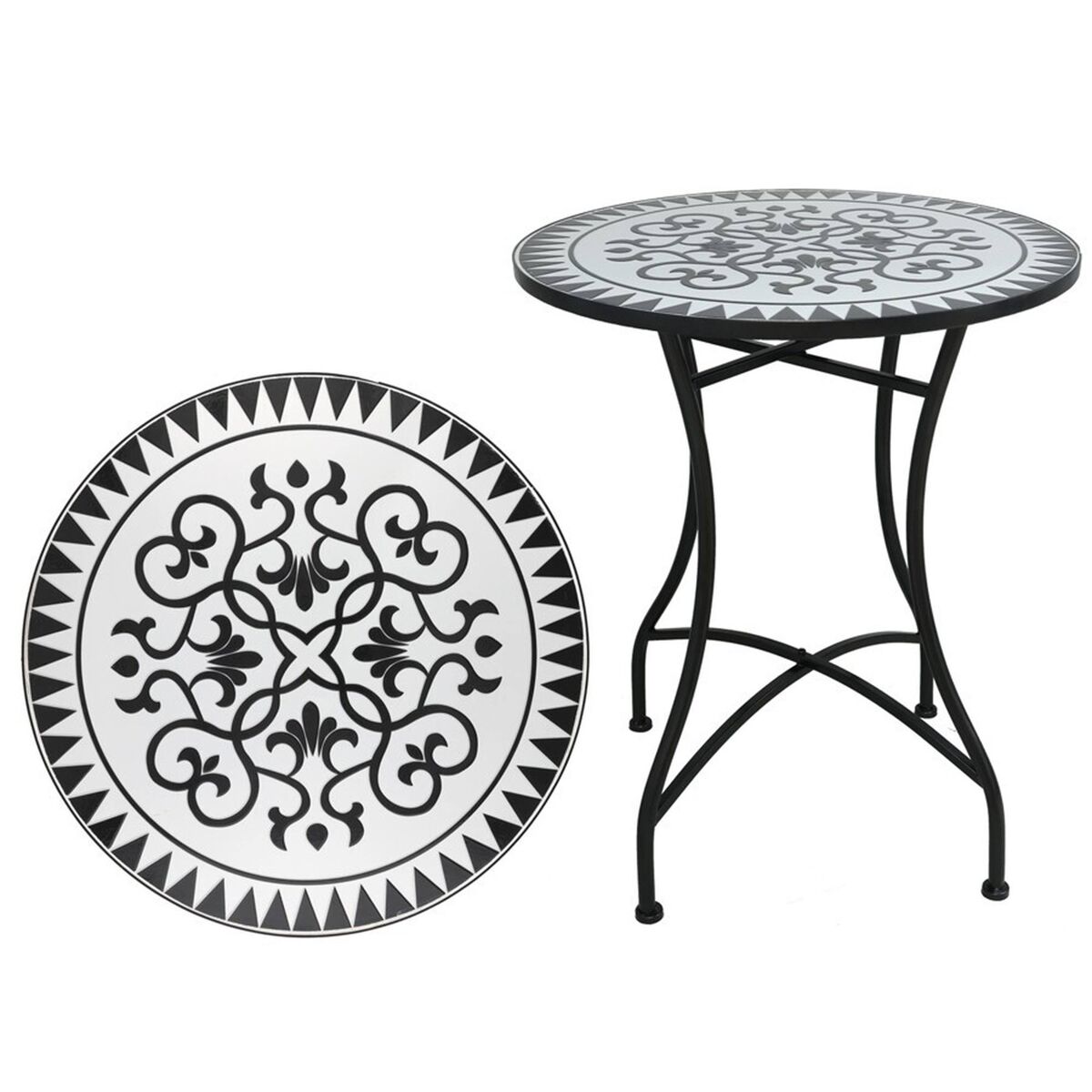 Well home mesa de jardín redonda mosaico cerámico louis ø60x71cm con tablero decorativo y estructura metálica negra