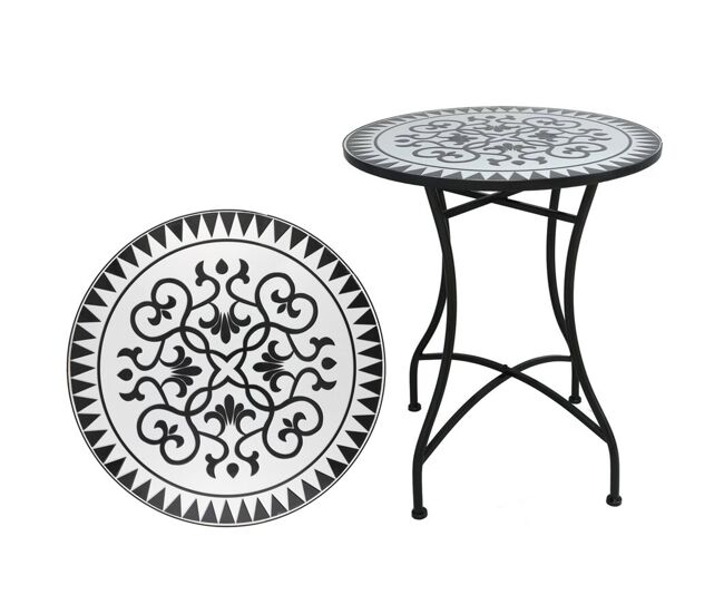 Well home mesa de jardín redonda mosaico cerámico louis ø60x71cm con tablero decorativo y estructura metálica negra