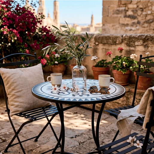 Well Home Mesa de Jardim Redonda em Mosaico Cerâmico LOUIS Ø60x71cm com Tampo Decorativo e Estrutura Metálica Preta Well Home Mesa de Jardim Redonda em Mosaico Cerâmico LOUIS Ø60x71cm com Tampo Decorativo e Estrutura Metálica Preta