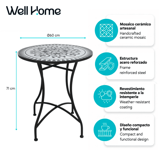 Well Home Mesa de Jardim Redonda em Mosaico Cerâmico LOUIS Ø60x71cm com Tampo Decorativo e Estrutura Metálica Preta Well Home Mesa de Jardim Redonda em Mosaico Cerâmico LOUIS Ø60x71cm com Tampo Decorativo e Estrutura Metálica Preta