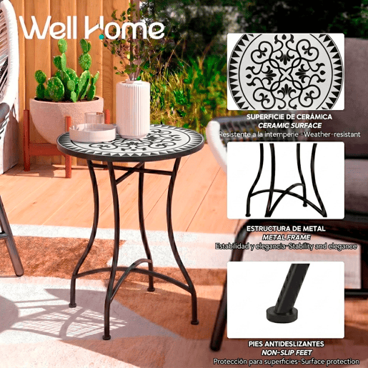 Well Home Mesa de Jardim Redonda em Mosaico Cerâmico LOUIS Ø60x71cm com Tampo Decorativo e Estrutura Metálica Preta Well Home Mesa de Jardim Redonda em Mosaico Cerâmico LOUIS Ø60x71cm com Tampo Decorativo e Estrutura Metálica Preta