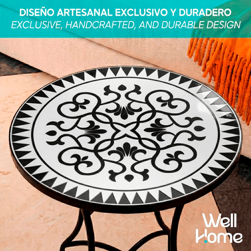 Well Home Mesa de Jardim Redonda em Mosaico Cerâmico LOUIS Ø60x71cm com Tampo Decorativo e Estrutura Metálica Preta Well Home Mesa de Jardim Redonda em Mosaico Cerâmico LOUIS Ø60x71cm com Tampo Decorativo e Estrutura Metálica Preta