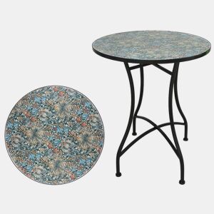 Well Home Mesa de Jardim Redonda em Mosaico Cerâmico CHARTRES Ø60x71cm com Tampo Decorativo e Estrutura Metálica Preta