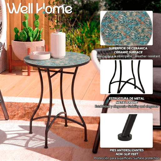 Well Home Mesa de Jardim Redonda em Mosaico Cerâmico CHARTRES Ø60x71cm com Tampo Decorativo e Estrutura Metálica Preta Well Home Mesa de Jardim Redonda em Mosaico Cerâmico CHARTRES Ø60x71cm com Tampo Decorativo e Estrutura Metálica Preta