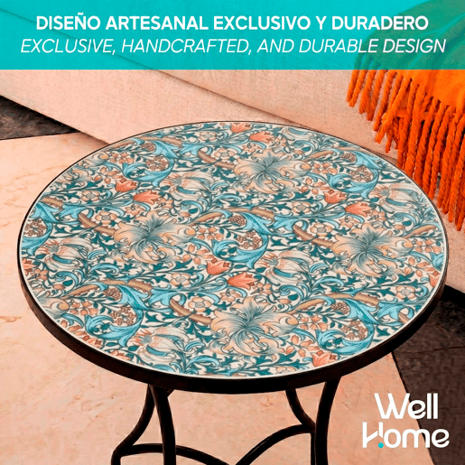Well Home Mesa de Jardim Redonda em Mosaico Cerâmico CHARTRES Ø60x71cm com Tampo Decorativo e Estrutura Metálica Preta Well Home Mesa de Jardim Redonda em Mosaico Cerâmico CHARTRES Ø60x71cm com Tampo Decorativo e Estrutura Metálica Preta