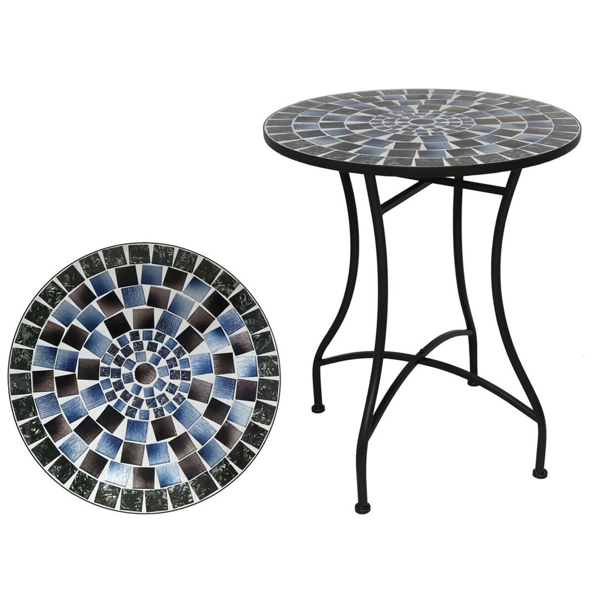 Well home mesa de jardín redonda mosaico kölner ø60x71cm con tablero de cristal decorativo y estructura metálica negra