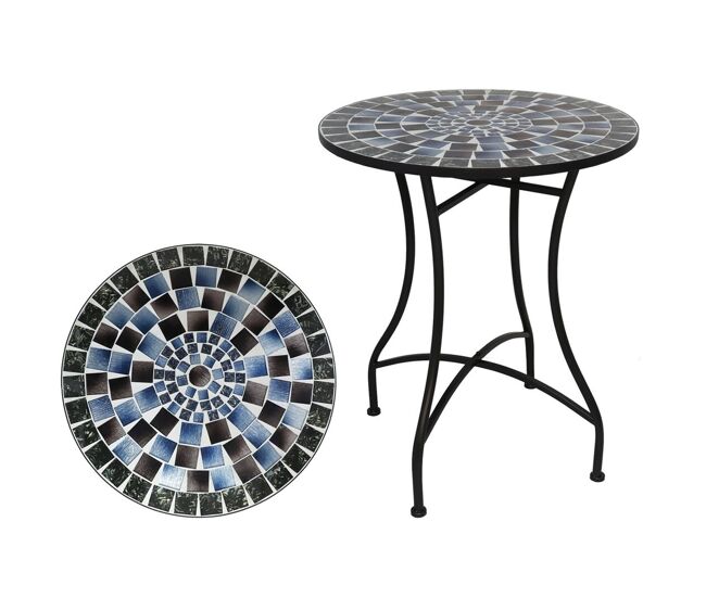 Well home mesa de jardín redonda mosaico kölner ø60x71cm con tablero de cristal decorativo y estructura metálica negra