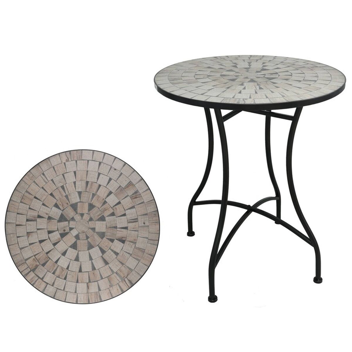Well home mesa de jardín redonda mosaico cerámico canterbury ø60x71cm con tablero decorativo y estructura metálica negra