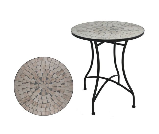 Well home mesa de jardín redonda mosaico cerámico canterbury ø60x71cm con tablero decorativo y estructura metálica negra