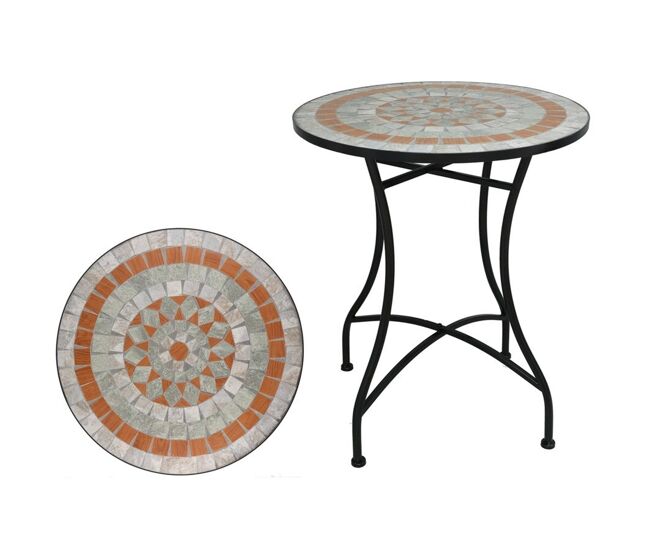 Well home mesa de jardín redonda mosaico cerámico duomo ø60x71cm con tablero decorativo y estructura metálica negra