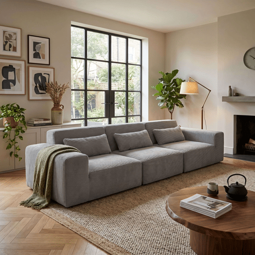 Sofá modular Horizon, 3 lugares, para sala de estar e sala de jantar, cinza claro, 307 cm