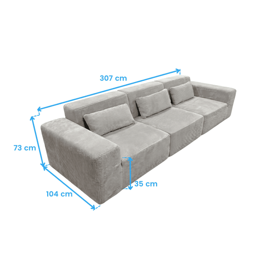 Sofá modular Horizon, 3 lugares, para sala de estar e sala de jantar, cinza claro, 307 cm
